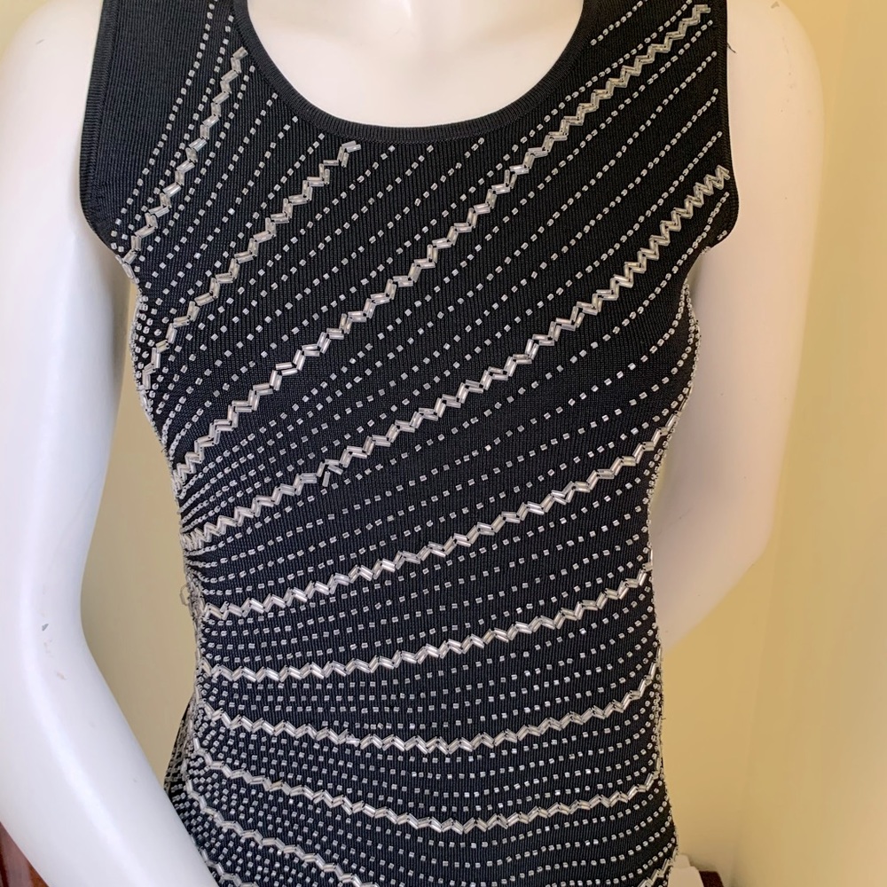 Black Rayon Knit Tank Top with Shiny Metal Beadings coctail wedding top US M